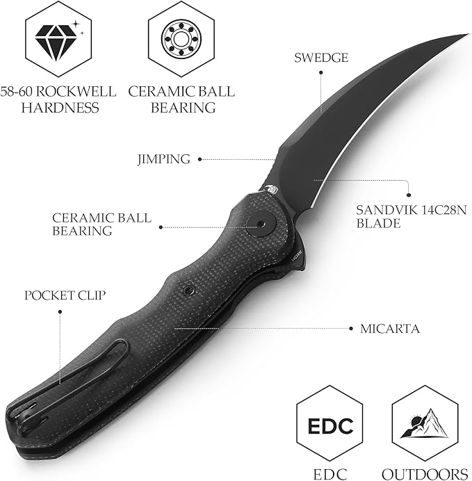 TRIVISA knives - Lacerta-04B |Hawkbill EDC Pocket Flipper Knife for Men Folding Pikal Knife with Reversible Wire Clip 3.34 PVD Blackwash 14C28N Steel Blade &amp Micarta Handle