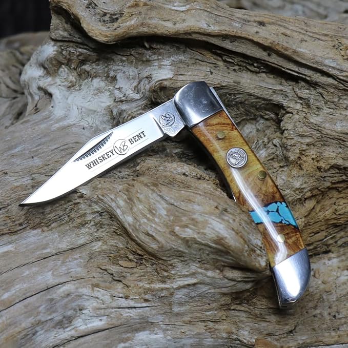 WHISKEY BENT HAT CO. Mini Hunter Folding Pocket Knife 2.75 Closed Length 440C Stainless Steel Blade (Turquoise River)