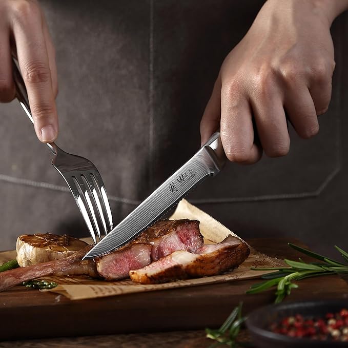 Wakoli EDIB 4-Piece Damascus Steak Knife Set – Professional Dining Kitchen Knives with VG10 Core Blades 67-Layer Damascus Steel &amp Ergonomic Pakkawood Handles – Premium Steak Cutlery in Gift Box