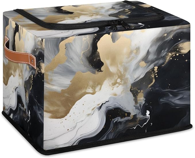 Marble Storage Bins with Zipper Lid Black Gold Marble Fabric Lidded Storage Baskets Cubes with Handles Decorative Foldable Shelf Closet Organizer Container