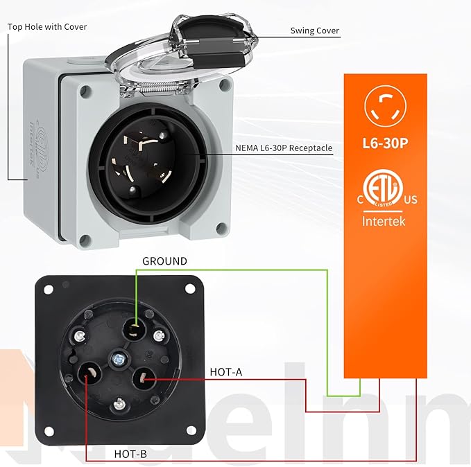 30Amp Generator Power Inlet Box NEMA L6-30P Box 250 Volt Male Plug Outdoor dustproof and Weatherproof for Generators Welding Machinesetc.ETL Listed.