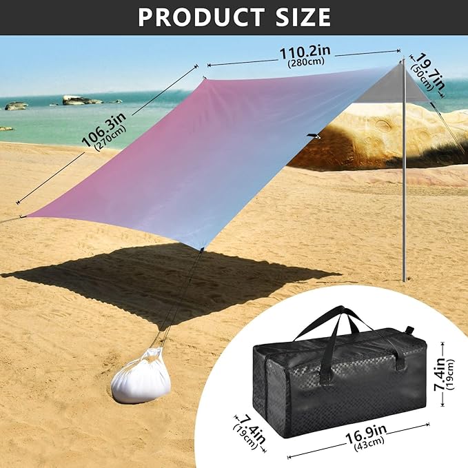 Pink Blue Gradient Foldable Beach Cabana UPF50+ Protection Water-Resistant Shade Sun Shelter with Sand Shovel Sandbags for Camping Picnics Backyard