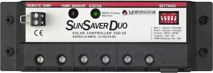 Morningstar SunSaver Duo 25A PWM Solar Charge Controller (SSD-25) - Solar Panel Regulator for Two 12V Batteries Adjustable Charge Settings Great for RVs/Boats 5 Year WTY - Designed in The USA