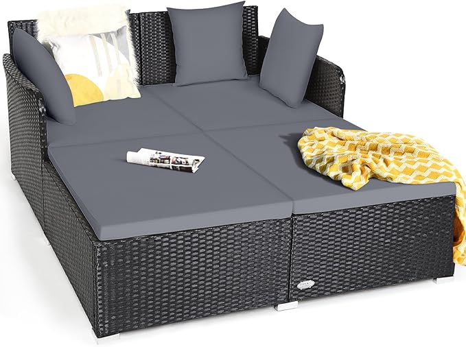 Tangkula Outdoor Rattan Daybed Wicker Furniture with Spacious Seat Upholstered Cushion &amp High-Resilience Sponge Patio Sofa Set with 4 Pillows 2-Person Sunbed for Poolside Backyard Garden &amp
