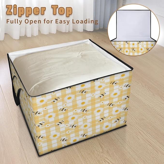 Large Daisy Storage Bags with Lid XL Blanket Clothes Storage Bins Foldable Organizers Storage Containers with Handle for Comforters Bed Sheets Pillows Flowers with Bees in Spring