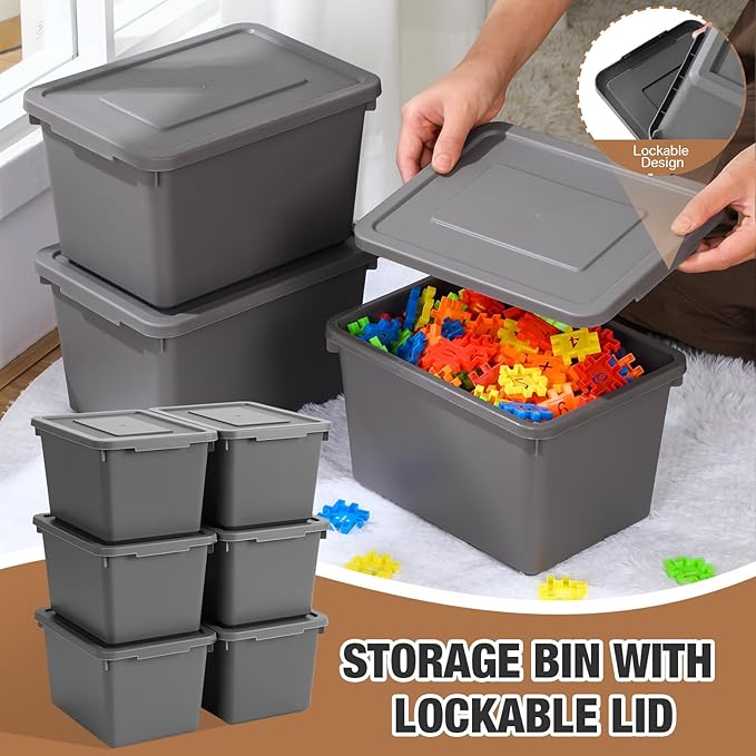 Potchen 6 Pcs Pack Cute Plastic Storage Bins with Lids Decorative Stackable Storage Boxes 9.8 ×7.3 ×5.7 Small Storing Totes for Organizing Craft Office Supplies (Grey)