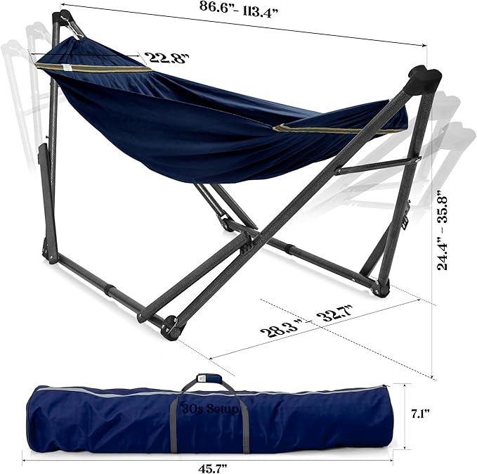 Tranquillo Uniki Hammock with Stand 550 lbs Capacity – 30-Second Setup Sturdy Steel Stand 3-Year Warranty Tool-Free Assembly Premium Carry Bag Included Outdoor &amp Indoor Hammock Navy