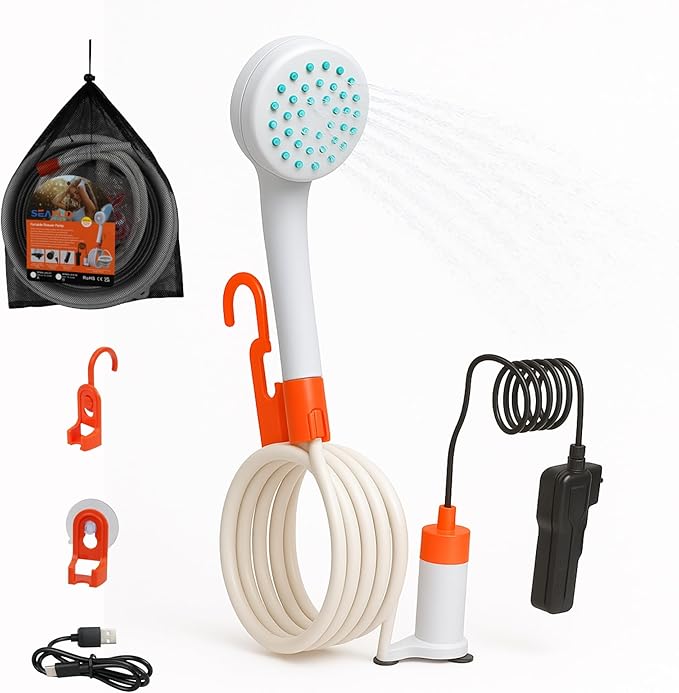 SEAFLO Portable Camping/Outdoor Shower Rechargeable Battery 2.64 Gallons Per Min 40-Minute Runtime Outdoor Camping Pet Washing Type-C Charging 80 Hose (with or Without 2.6 Gallon Bucket)