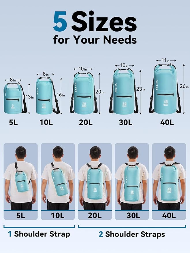 HEETA 2-Pack Waterproof Fanny Pack Pouch for Phone with Adjustable Waist Strap (Black &amp Grey) Bundled with Waterproof Dry Bag with Front Zippered Pocket for Women Men (Blue 5L)