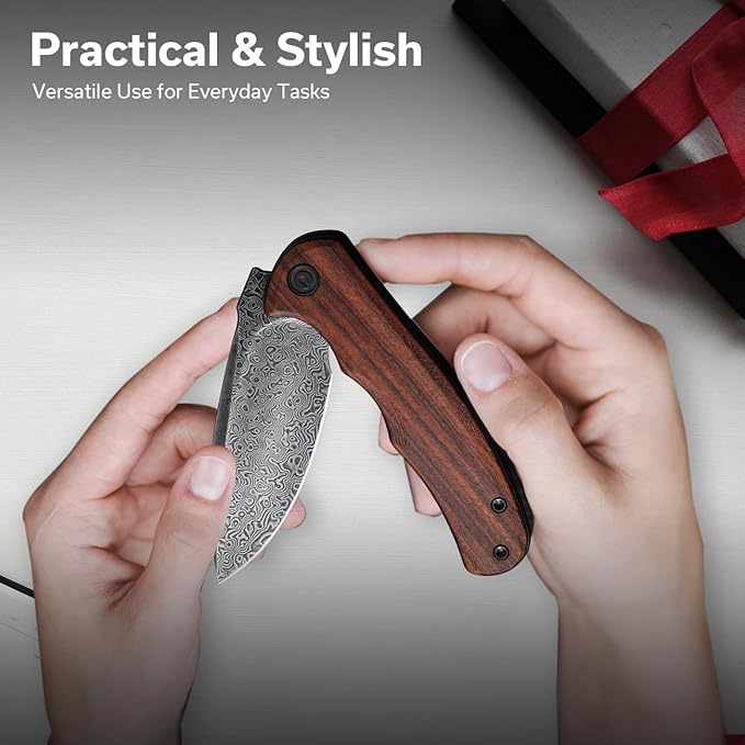 CIVIVI Folding Pocket Knife for EDC Small Mini Praxis Knife for Men Women 2.98 Damascus Blade Guibourtia Wood Handle Sharp Camping Hiking Knives C18026C-DS1
