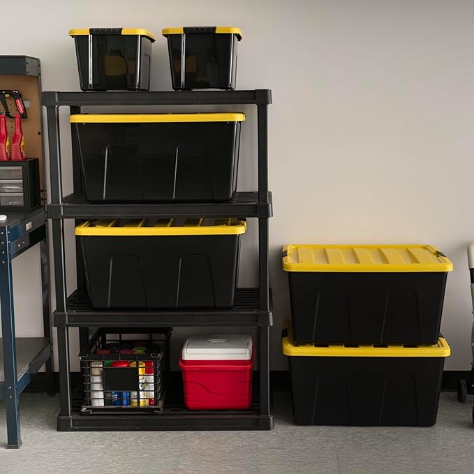 IRIS USA 94 Qt Stackable Plastic Storage Bins with Lids 4 Pack - BPA-Free Made in USA - Garage Organizing Solution Latches Durable Nestable Containers Secure Pull Handle - Black/Yellow