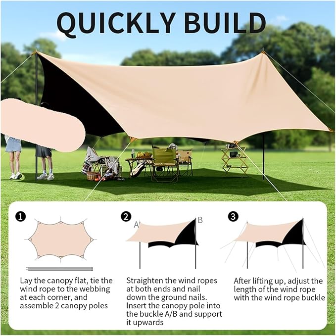 1 Apricot-Colored Black Canopy Camping Tent Outdoor Gear for Beach Park and Wilderness Sunshade and Rainproof Shelter(12 Square Meters)
