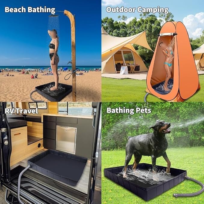 Camping Shower Base Foldable Portable Tray with 100cm Drain Hose Large Outdoor Shower Floor Mat 104x104cm