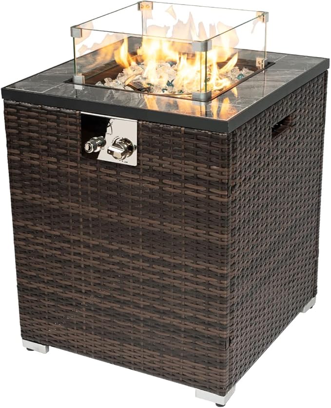 24in Outdoor Propane Gas Fire Pit Table 40000 BTU Auto-Ignition Gas Firepit with Glass Wind Guard Marble Tile Tabletop Mixed Color Glass Rocks Brown PE Rattan