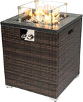 24in Outdoor Propane Gas Fire Pit Table 40000 BTU Auto-Ignition Gas Firepit with Glass Wind Guard Marble Tile Tabletop Mixed Color Glass Rocks Brown PE Rattan