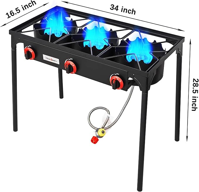 Vivicreate 3 Burner High pressure Propane Stove 28 Inch Tall Camping Stove with cast iron burner 105000 BTU power Stable Legs for Outdoor Use