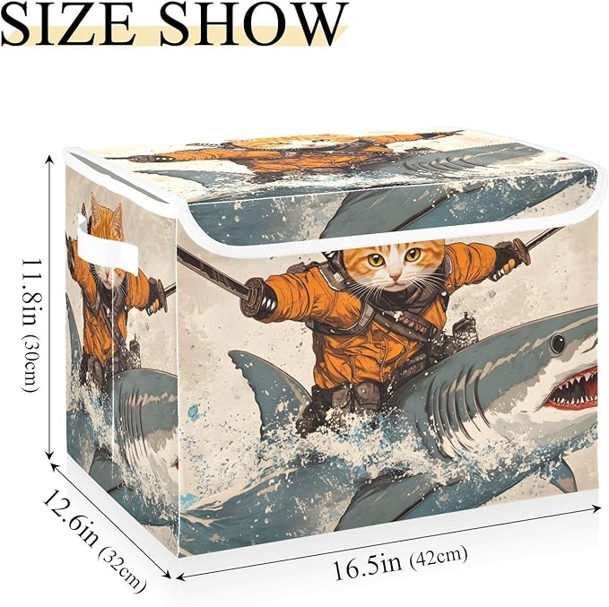 AIXIWAWA Lidded Storage Cube (Cat Samurai) Fabric Foldable Closet Bins with Flip Lid and Handles Organizer Basket Container 16.5 x 12.6 x 11.8 IN