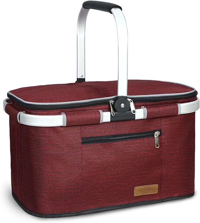 LIQING 35L Large Picnic Basket 2 Layers of Internal Pockets Leak-Proof and Insulated Folding with Internal Support for enhansed Stability Wedding Gifts for Couple(Wine red)