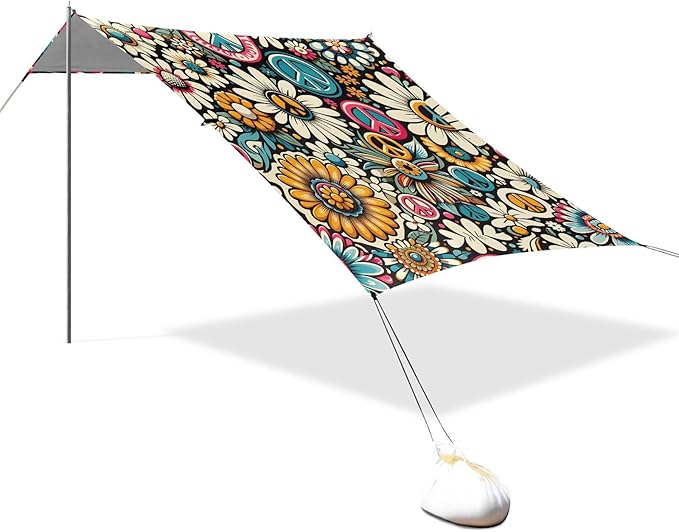 ALAZA Daisy Flower Peace Vintage Beach Tent Sun Shelter UPF50+ Protection Beach Shade Canopy w/ 4 Sandbags for Outdoor Camping Fishing Backyard Fun Picnic 10x9 ft