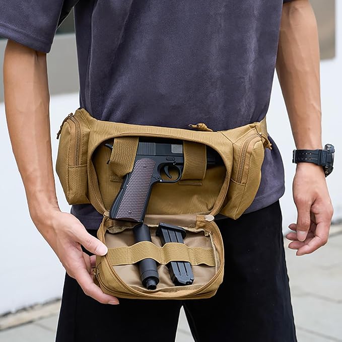 Tactical Fanny Packs pistol waist bag with adjustable waist belt zipper pocket perfect for fitness travel outdoor running and hunting. (Khaki One Size)