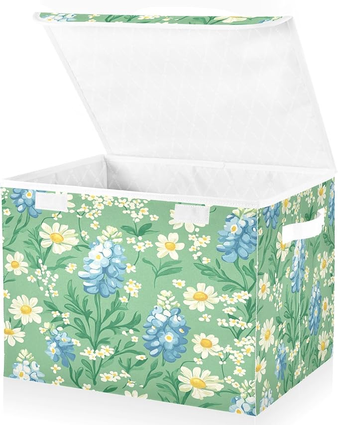 Mint Green Bluebonnet and Daisy Flowers Collapsible Storage Bins with Lids Decorative Fabric Cubes Closet Organizer Basket Boxes Containers for Clothes Box Chest