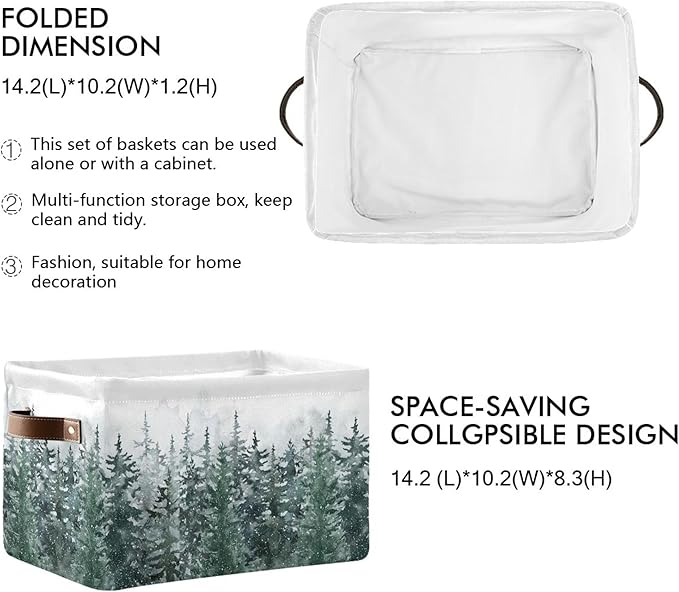 Winter Pine Forest Tree Storage Basket with Waterproof Liner and PU Handles Christmas Snow Scene Storage Bins Boxes 14.2 Collapsible Decorative Organizer Baskets for Bedroom Closet Office 2 Pack