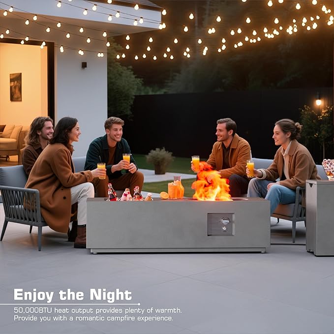 2-Piece 48 Rectangular Propane Fire Pit for Outside Patio with Hidden Tank Table &amp Ice Bucket 50000 BTU Fireplaces with Lid Glass Rocks Cover(Grey w/Ice Bucket)