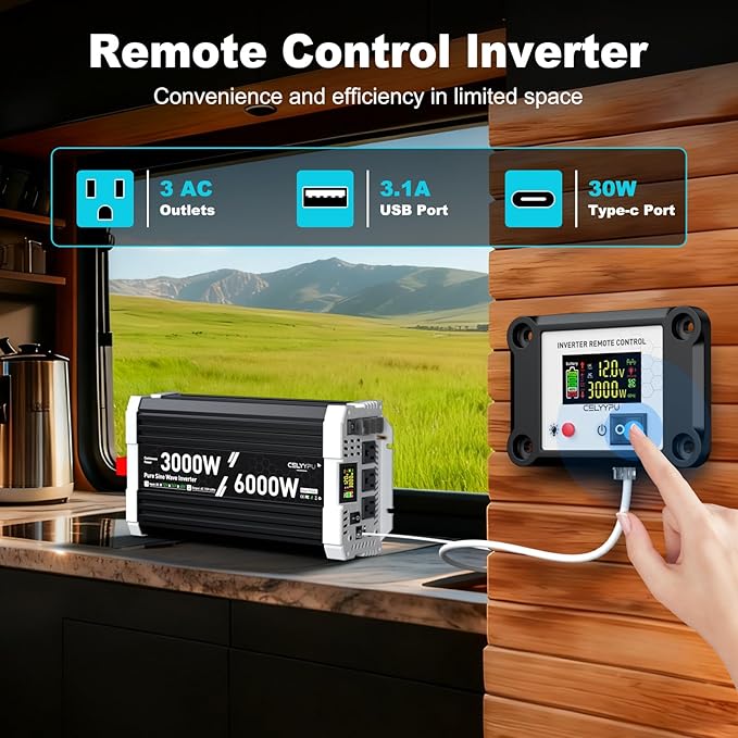 3000 watt Pure sine Wave Inverter 12V DC to 110V AC Power Inverter with 3 AC Output sockets USB Port Type-C Port Remote Control with LCD Screen Used for Solar Emergency Power Supply in RV Homes