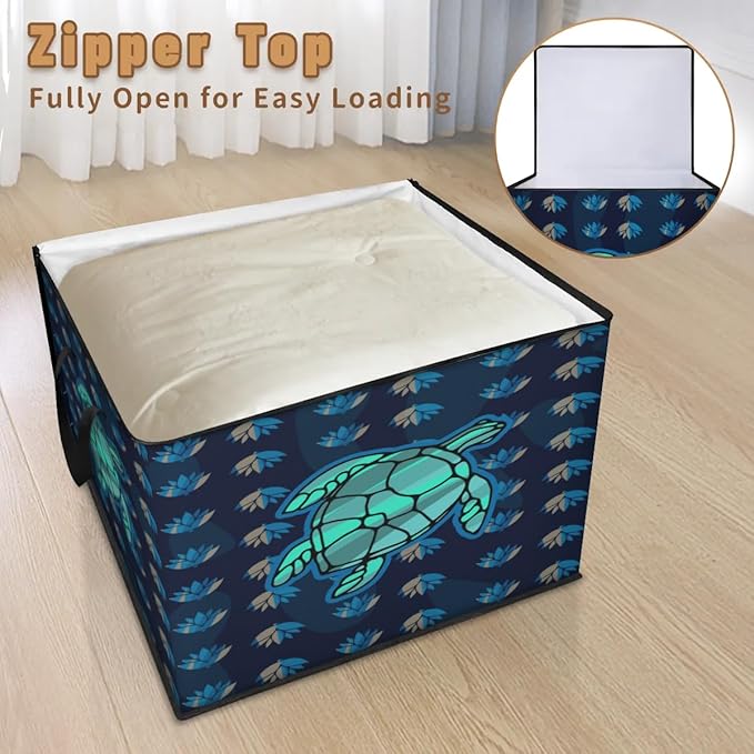 Large Sea Turtle Storage Bags with Lid XL Blanket Clothes Storage Bins Foldable Organizers Storage Containers with Handle for Comforters Bed Sheets Pillows Ocean Animal