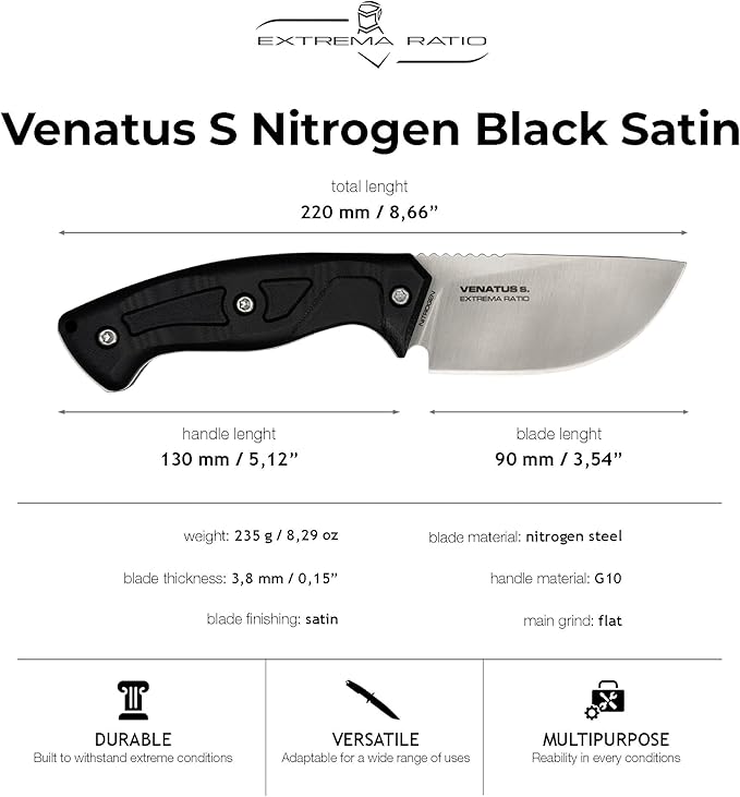 Extrema Ratio - Venatus S (Nitrogen Black Satin) Fixed Blade Knife Nitrogen Steel Satin Finish Full Tang Construction Walnut/G10 Handle Ambidextrous Leather Sheath