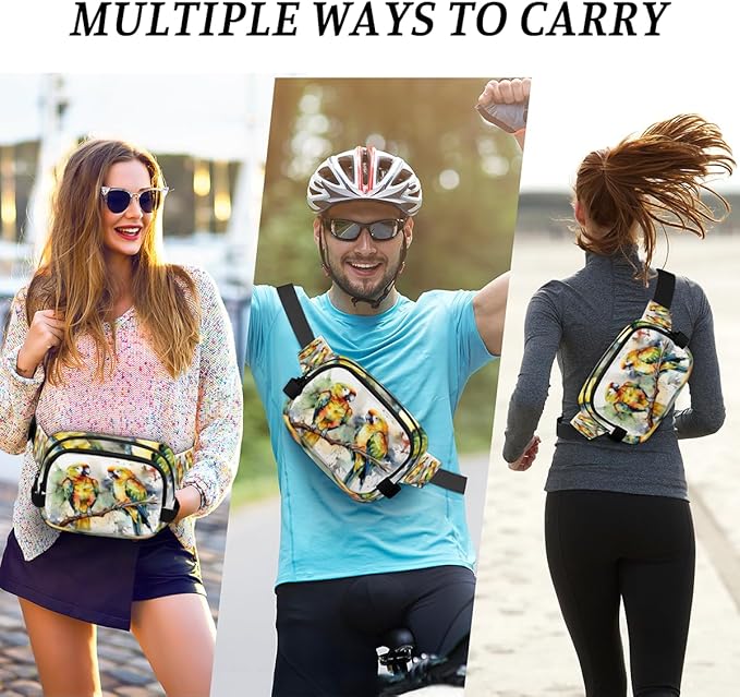 Watercolor Bird Tree Branch Waterproof Fanny Pack for Women Men Adjustable Waist Bag with Double Zipper Pockets Lightweight Square Hip Pack for Running Travel Hiking Workout Cycling