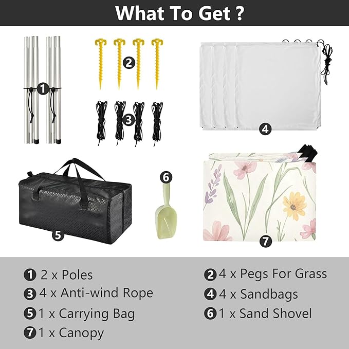 Flowers Beach Canopy Sun Shelter with Sandbags &amp Sand Shovel &amp Windproof Ropes - Portable 110x126 Beach Shade Beach Tent for Camping Picnics