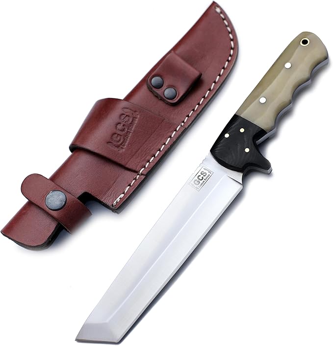 GCS Custom Handmade Coloured Bone Handle D2 Tool Steel Tanto Survival Tactical Fixed Blade Knife Buffalo Hide Leather Sheath GCS177