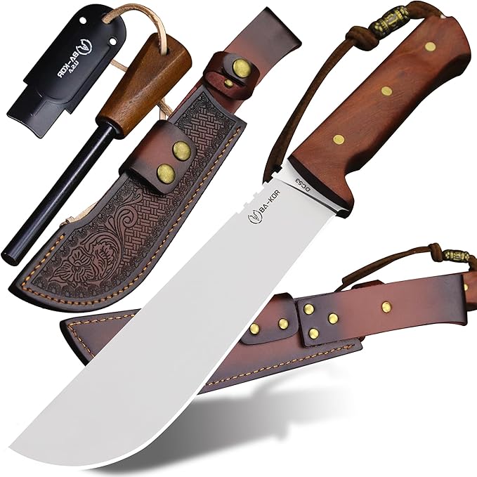 BA-KOR USA 8mmDC53 steel 35CM (14 ) full Tang fixed knife with leather sheath and (5.9 ) ceria ignition head suitable for outdoor hunting camping clearing adventure fishing EDC BBQ (BA-K0a(8m