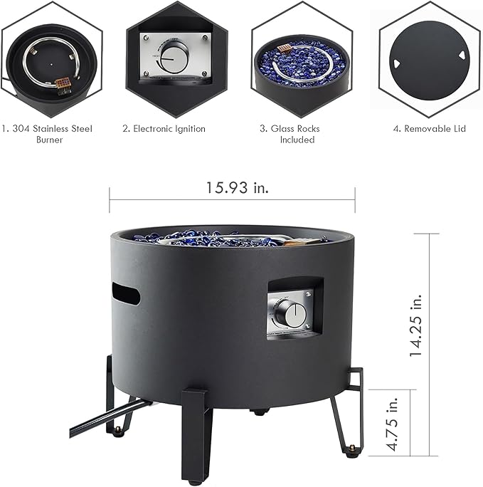 BAIDE HOME Portable Propane Fire Pit for Camping RV 50000 BTU Round 15'' H x 16'' W Portable Gas Firepit W/Lid Glass Rocks &amp Weather Resistant for Outdoors Propane Extension Hose Black