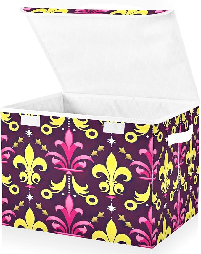 Christmas Storage Baskets with Lids Mardi Gras Lily Collapsible Bins Stackable Fabric Linen Baskets Closet Organizer Container 16.5x12.6x11.8