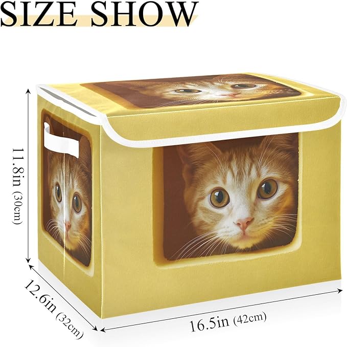 Storage Cube with Lid Curious Cat Print 16.5×12.6×11.8 IN Collapsible Large Capacity Foldable Storage Basket Bin Organizer