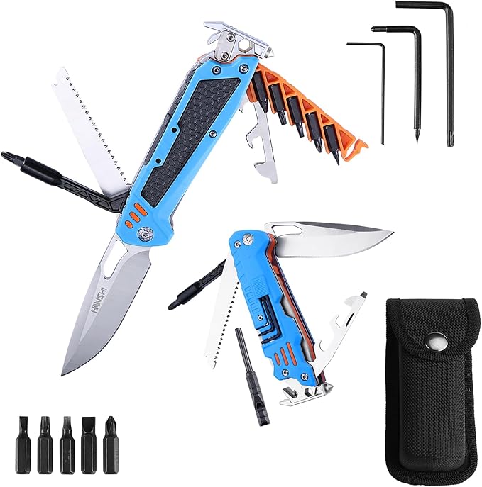 HANSHI 13 in 1 Multitool Knife with Nylon Sheath for CampingHikingSurvivalOutdoor Multi Tool Pocket Knife with Window BreakerBirthday Christmas Valentine's Day Gift for Dad Mens Boyfriend(Blue)