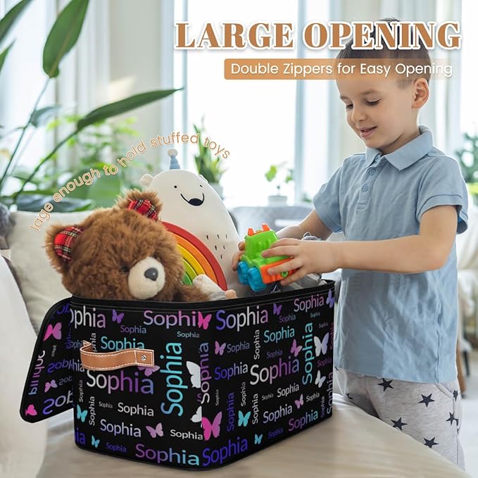 Custom Storage Bins with Zipper Lid Personalized Purple Pink Green Butterfly Fabric Lidded Storage Baskets Boxes Foldable Cubes Clothes Organizer Container