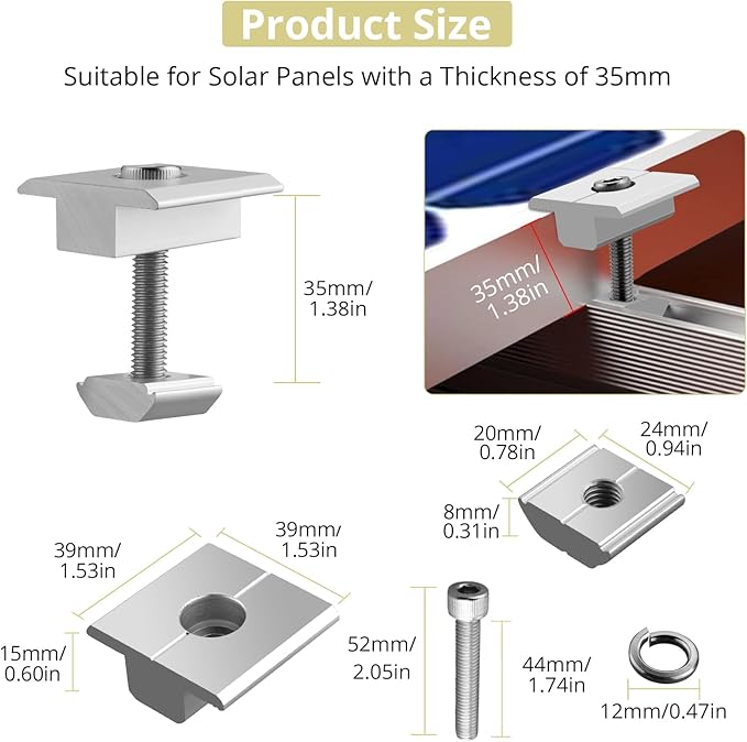 Anbte 10pcs Solar Panels Centre Clamps Aluminium T-Shaped Mid Clamps 35mm Solar Panel Mounting Brackets Solar Mounting Rail Connector for Tin Roof Flat Roof Sheet Roof Slvier
