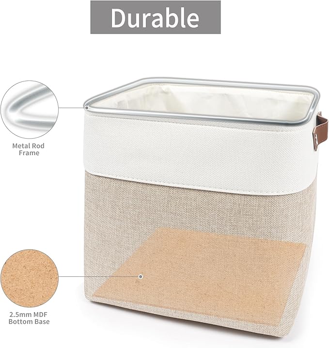 Collapsible Fabric Storage Cubes 11x11 Cube Storage Bins 4 Pack Closet Baskets Box with Handles for Organizing Shelf Toys Clothes Home Office Nursery (Beige&ampWhite)