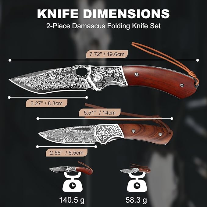 2-PCS VG10 Damascus Pocket Knife Set for Men — Folding Knife with Leather Sheath for Gifting Collecting&amp Outdoor Use