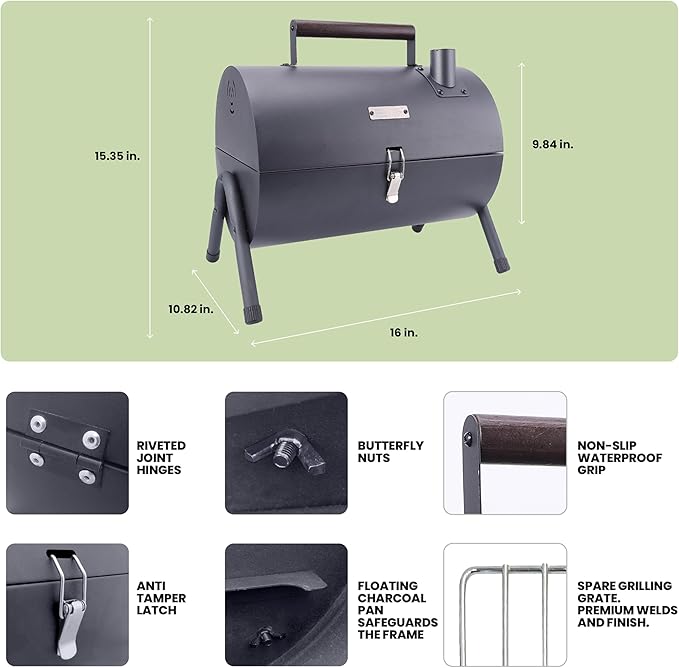 AGG Portable Charcoal Grill - 2-in-1 Tabletop BBQ &amp Griddle Combo - Compact Mini Barrel Grill for Camping Balcony &amp Tailgating - Includes Apron Heat-Resistant Gloves &amp Tongs -Small Outdo