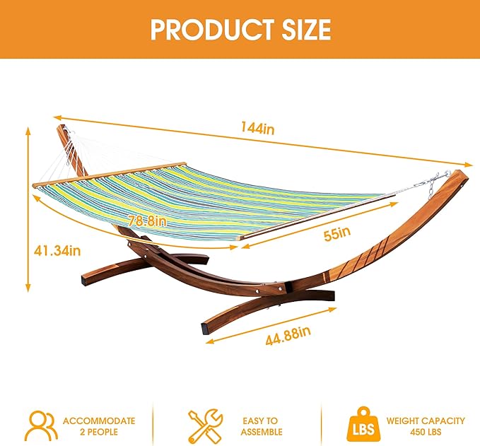 Lazy Daze Hammocks 12 FT 2 Person Double Quick Dry Textilene Hammock with Curved Steel Heavy Duty Stand for Outside Backyard Patio 450 Lbs Capacity Green Stripes