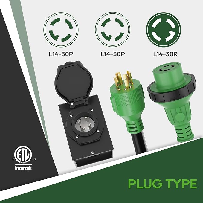RVGUARD Emergency Power Combo Kit 25 Foot 30 Amp Generator Cord and Power Inlet Box NEMA L14-30P to L14-30R Generator Cord with NEMA L14-30P Pre-Drilled Generator Inlet Box ETL Listed