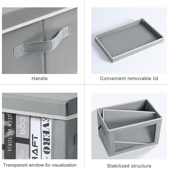 Homsorout Large Storage Bins with Lids - Stackable Cube Bins for Closet 5 Pack Clear Windows Fabric Organizer Bins Home Organizers and Storage for Clothes CD Towels Grey