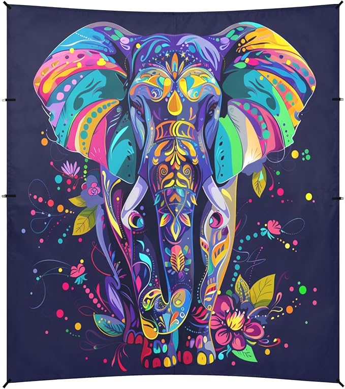 ALAZA Rainbow Elephant Flower Boho Beach Tent Sun Shelter UPF50+ Protection Beach Shade Canopy w/ 4 Sandbags for Outdoor Camping Fishing Backyard Fun Picnic 10x9 ft