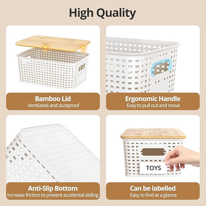 Plastic Storage Baskets with Bamboo Lids Stackable Small Box Bins for Organizing and Containers for Shelves Drawers Desktop Closet Pantry Classroom Office Home 6 Pack 10.2x7.2x4.1 Inch White