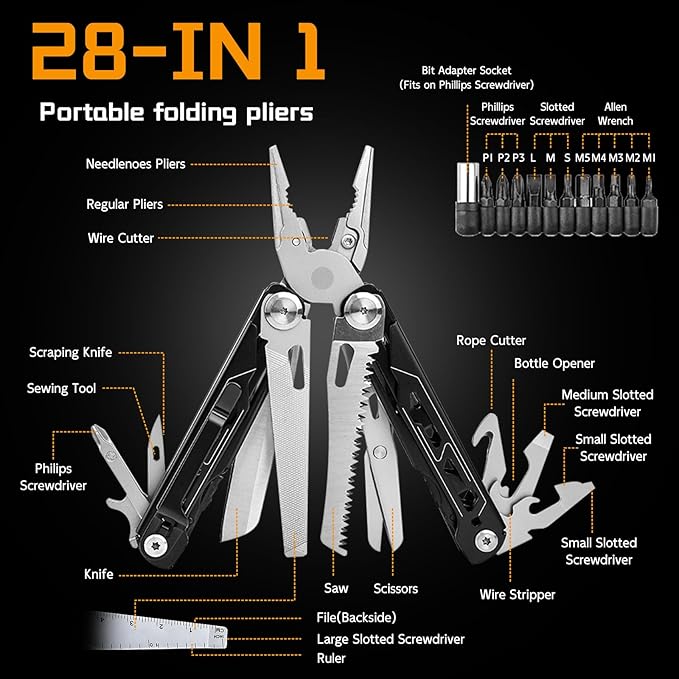 28-in-1 Multitool Pliers with ScissorsSaw ScrewdriversRope CuttersCan OpenerFileCarrying PouchStainless Steel Pocket Multi-Tool Ideal for Camping Survival Toolkit and Gift for him