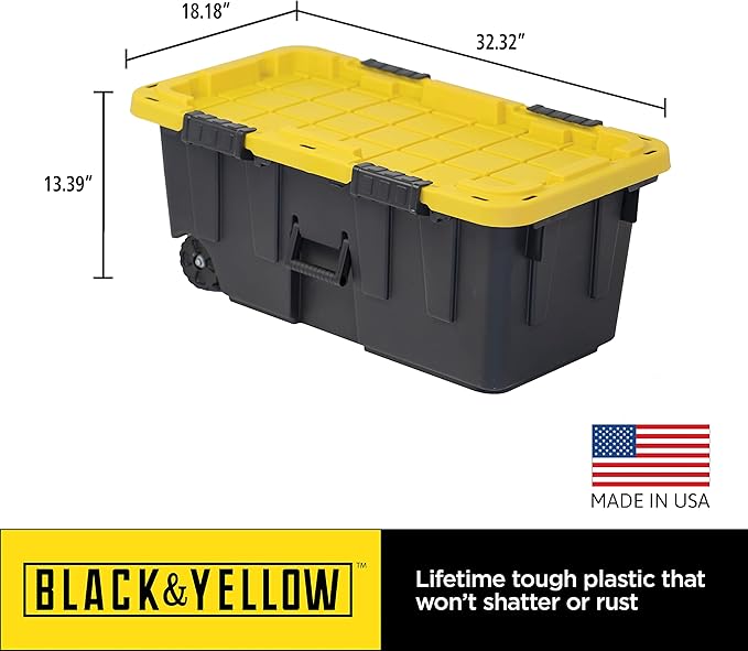 CX BLACK &amp YELLOW 20-Gallon Heavy Duty Tough Storage Footlocker &amp Snap-Tight Lid (13.4H x 18.2W x 32.3D) Weather-Resistant Design and Stackable Organization Tote [2 Pack]